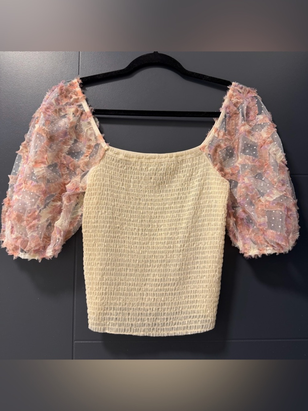Free People Cream Smocked Crop Top with Pink Sheer Puff Sleeves